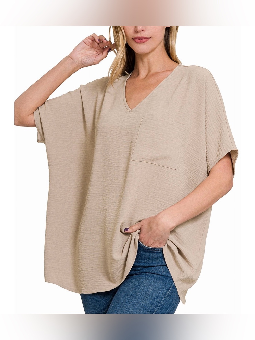 Zenana Oversized V Neck Dolman Short Sleeve Airflow Front Pocket Taupe Blouse